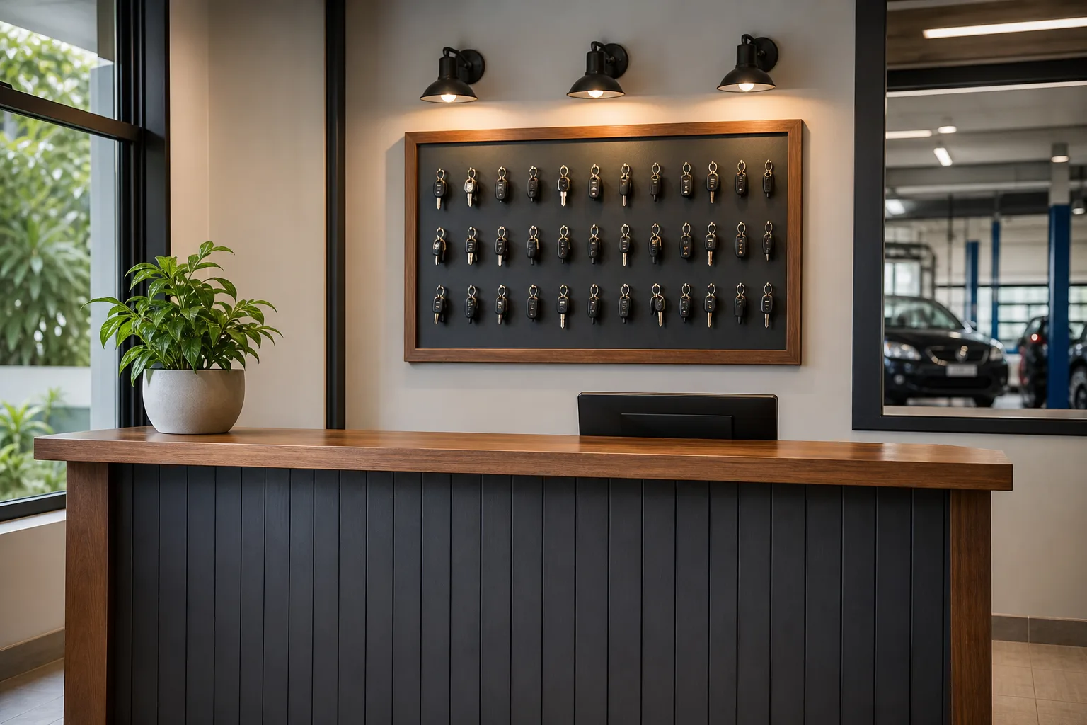 A tidy garage reception counter with a board of car keys