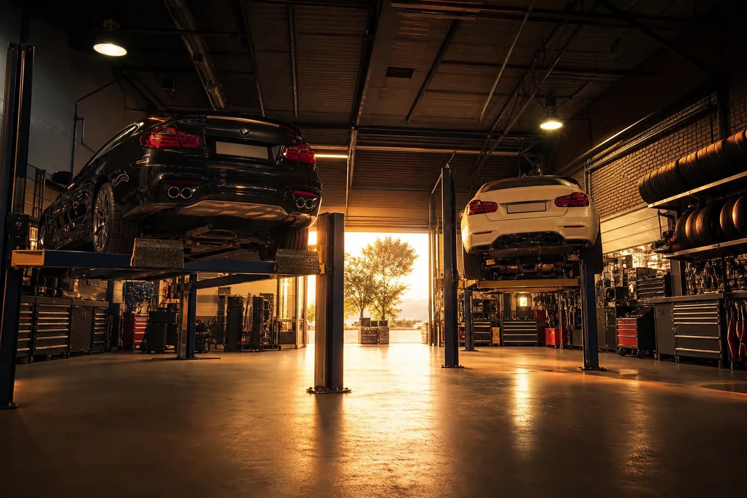 The Garage Sheffield workshop with cars on ramps