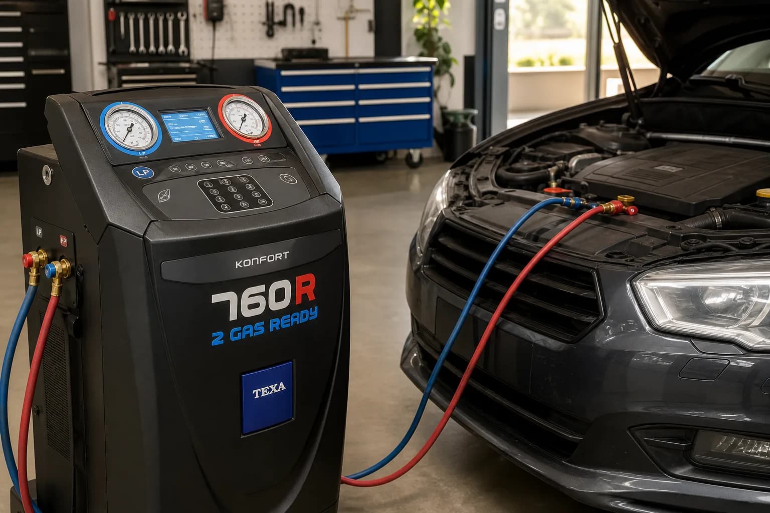 An air conditioning re-gas machine with hoses connected to a car engine bay