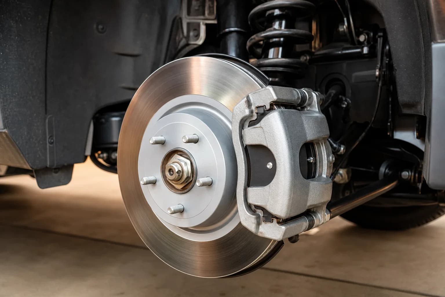 Close-up of a car brake disc and caliper with new brake pads and the wheel removed