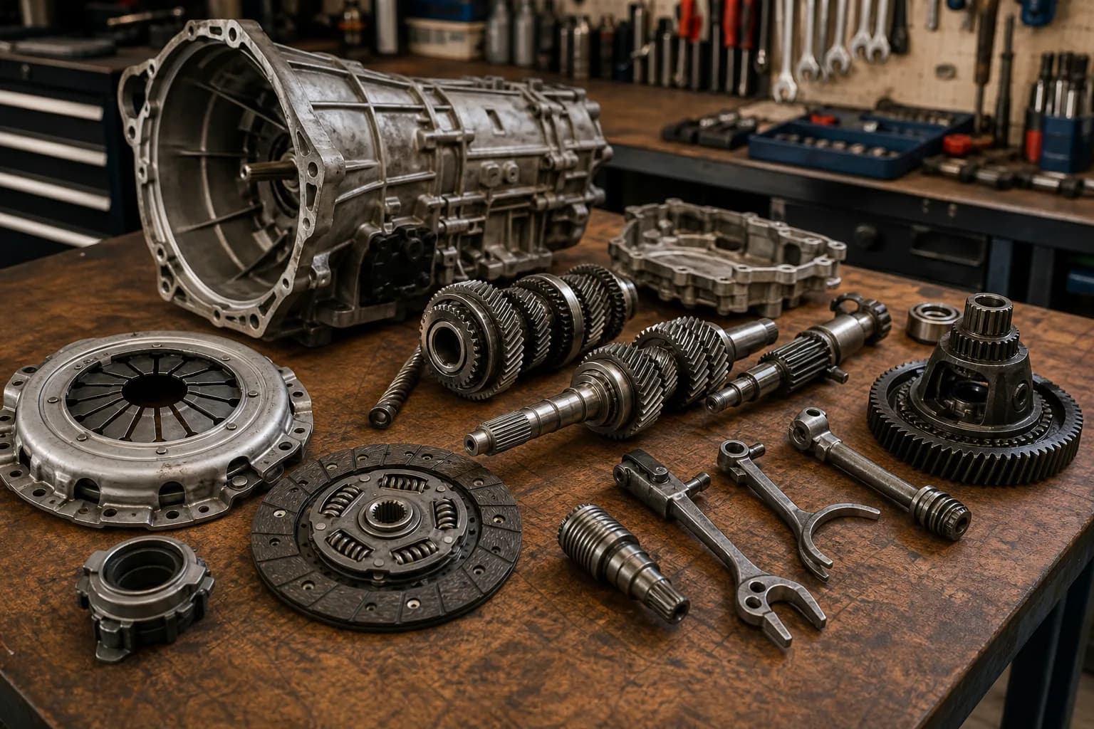 A car gearbox and clutch assembly components laid out on a workshop bench