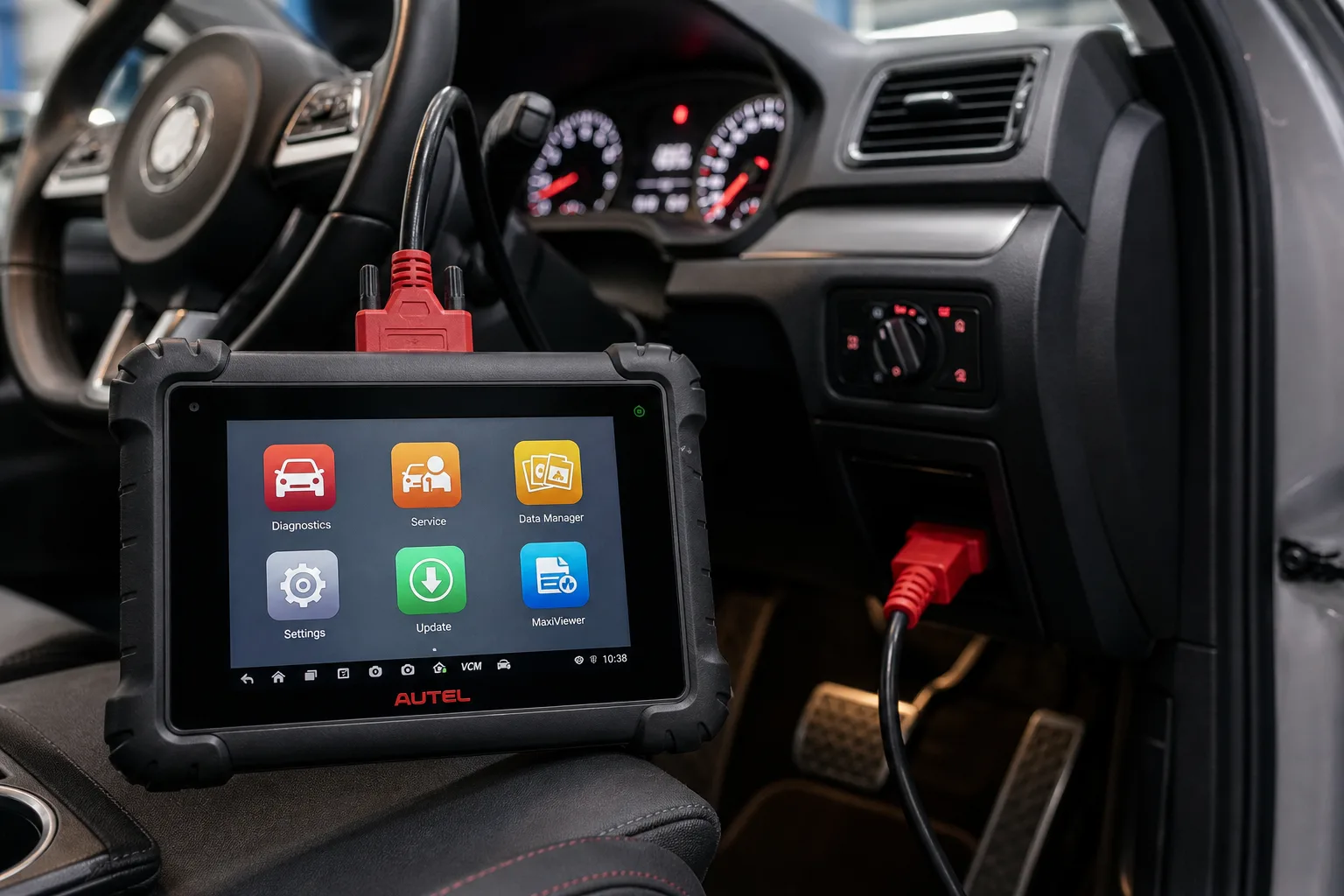 A diagnostic scanner tablet connected to a car OBD port with the dashboard lit in the background