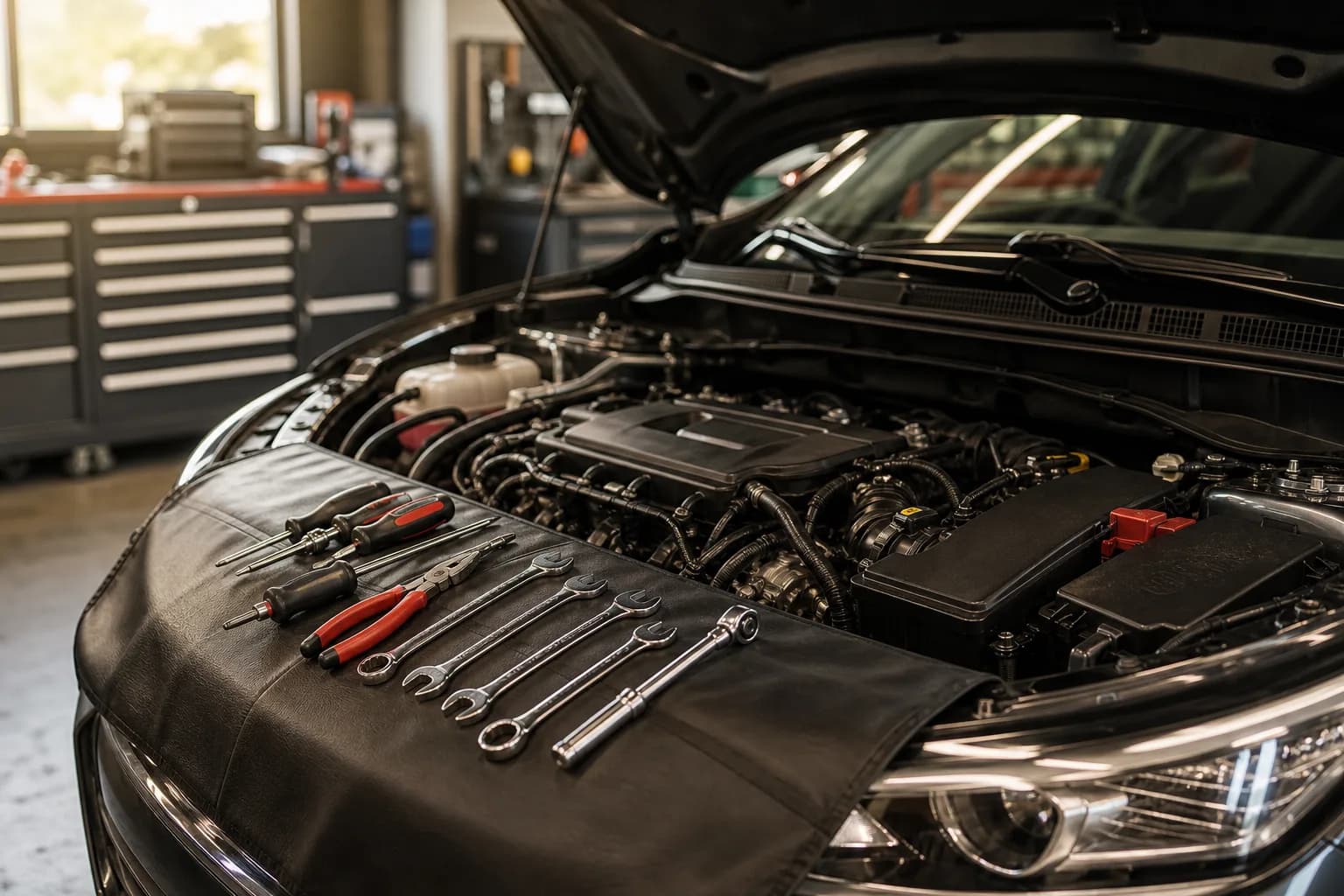An open car engine bay under repair with mechanic hand tools laid out ready
