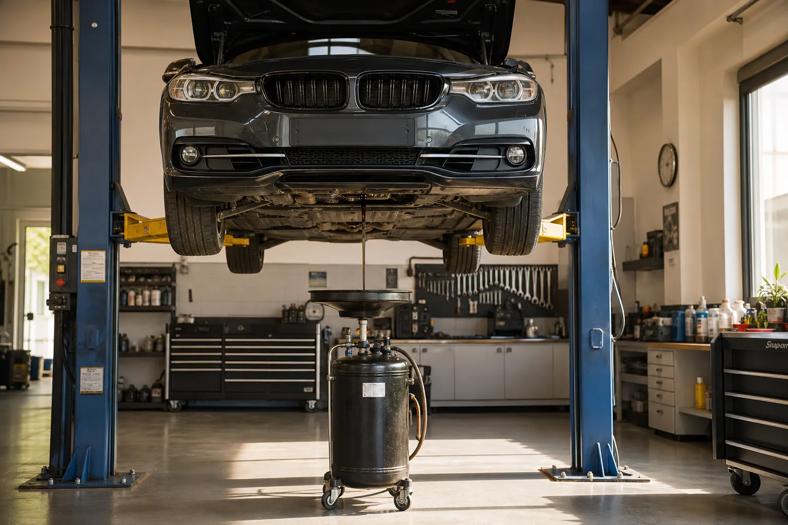 A car raised on a two-post ramp during an oil and filter service in a clean workshop