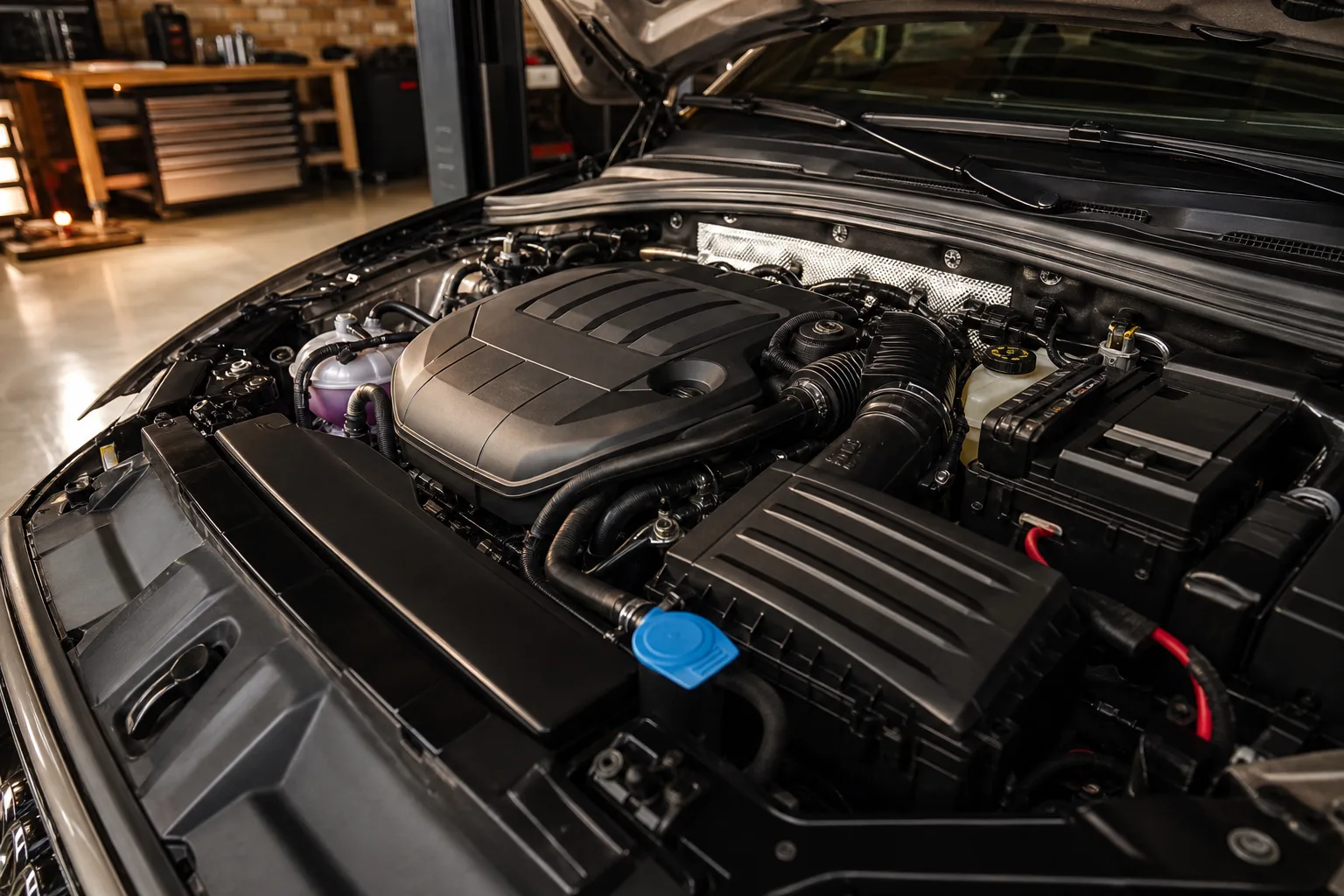 An immaculate polished premium European car engine bay in a specialist workshop